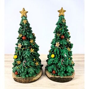Pair 8" Christmas Tree Figurines Ceramic Holiday Festive Decor Gingerbread Stars